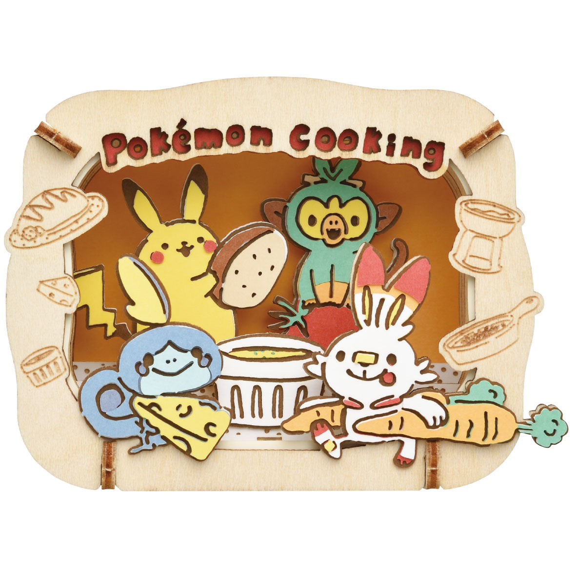Ensky Pokémon Paper Theatre - Pokémon Cooking (PREORDER) - Colorful paper diorama featuring Pikachu, Grookey, Sobble, and Scorbunny cooking with kitchen tools and ingredients.