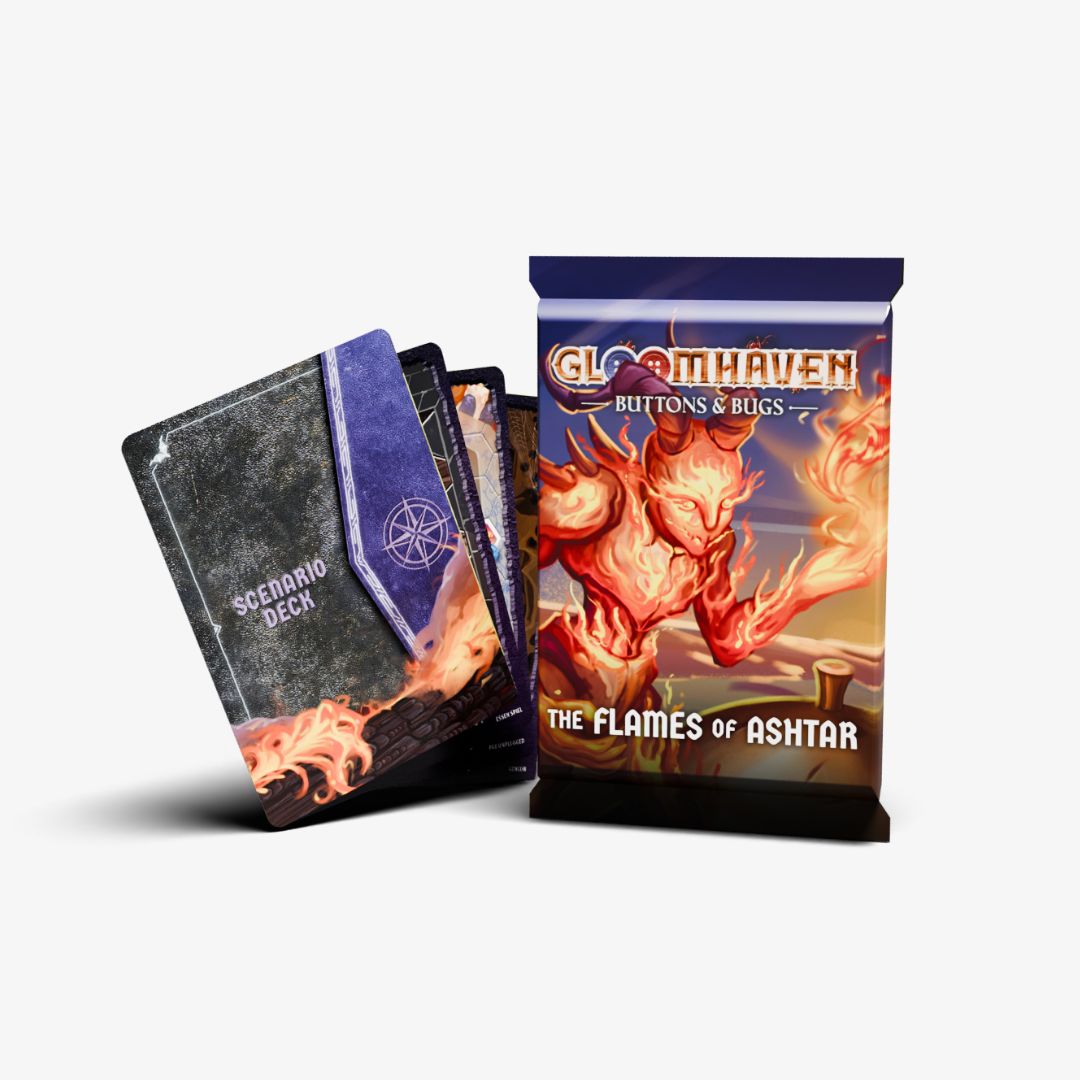 Gloomhaven: Buttons & Bugs - The Flames of Ashtar Prequel Mini Campaign (PREORDER) - Gloomhaven Buttons & Bugs card pack with fiery demon art on black and orange blister pack next to purple and black card.