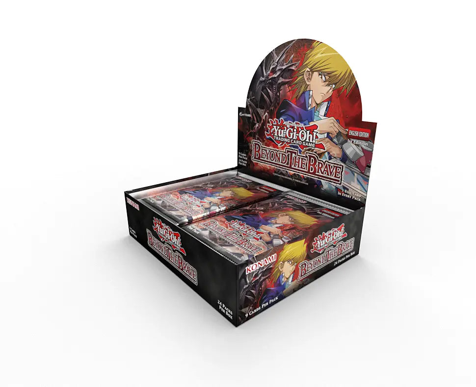 Yu-Gi-Oh: Beyond the Brave Core Booster Box (PREORDER) - Rectangular black booster box featuring colorful anime characters and “Yu-Gi-Oh! Beyond the Brave Core Booster” branding.