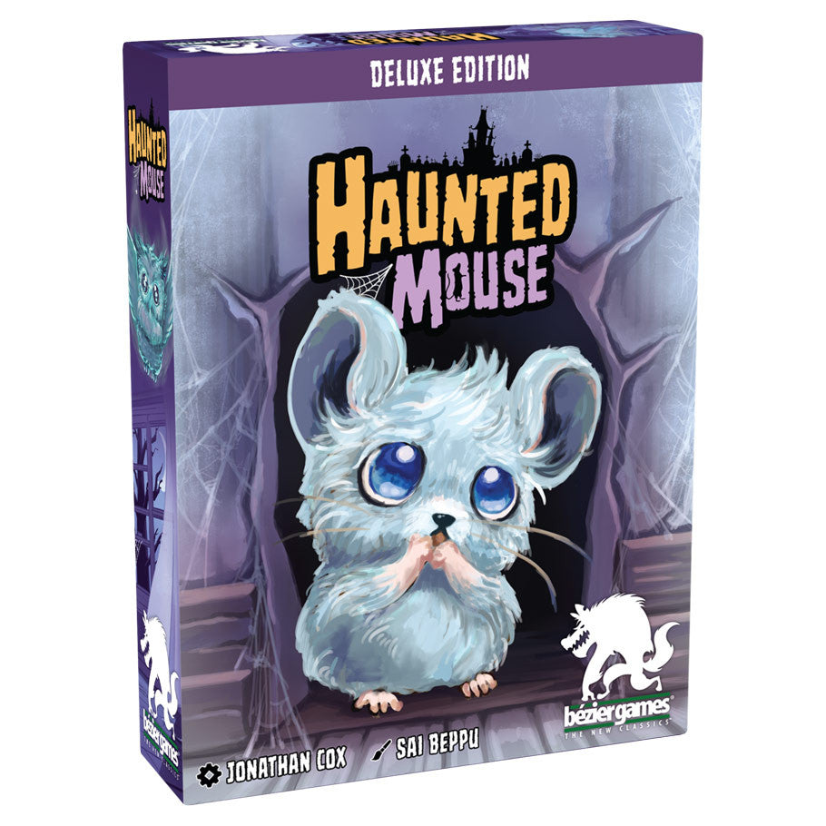 Haunted Mouse (PREORDER) - Haunted Mouse deluxe edition board game box with cartoon ghostly mouse on purple background and spooky castle silhouette.