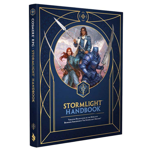 Cosmere RPG: Stormlight Handbook - Dark blue hardcover RPG book with gold geometric designs and fantasy characters on cover, titled Stormlight Handbook.