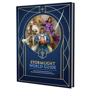 Cosmere RPG: Stormlight World Guide - Dark blue hardcover RPG guide with gold geometric lines, featuring three fantasy characters on cover art.