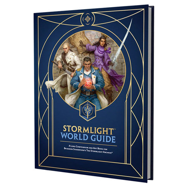 Cosmere RPG: Stormlight World Guide - Dark blue hardcover RPG guide with gold geometric lines, featuring three fantasy characters on cover art.