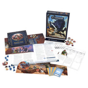Cosmere RPG: Stormlight Starter Set - Cosmere RPG Stormlight Starter Set box with character sheets, rulebook, dice, tokens, and cards spread out on white.