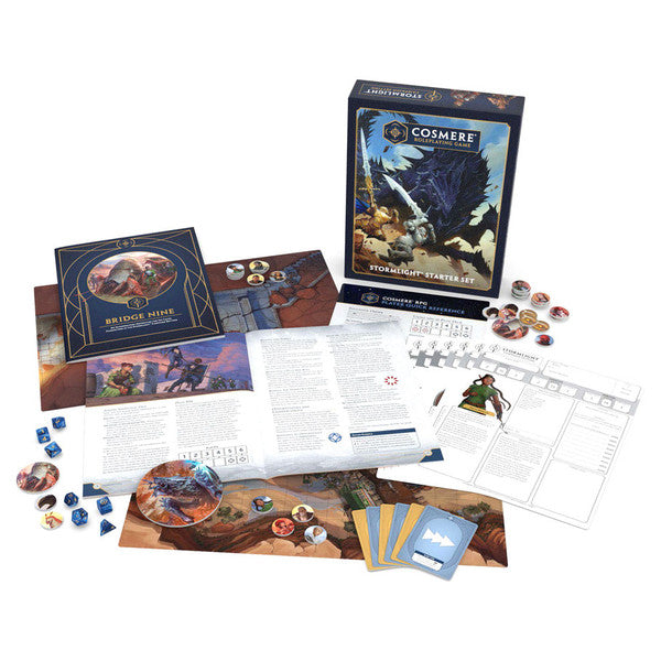 Cosmere RPG: Stormlight Starter Set - Cosmere RPG Stormlight Starter Set box with character sheets, rulebook, dice, tokens, and cards spread out on white.