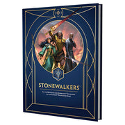 Cosmere RPG: Stonewalkers Adventure - Dark blue hardcover RPG book titled Stonewalkers with gold geometric lines and fantasy characters wielding weapons on the.