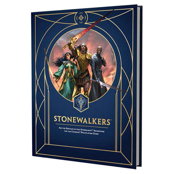 Cosmere RPG: Stonewalkers Adventure - Dark blue hardcover RPG book titled Stonewalkers with gold geometric lines and fantasy characters wielding weapons on the.