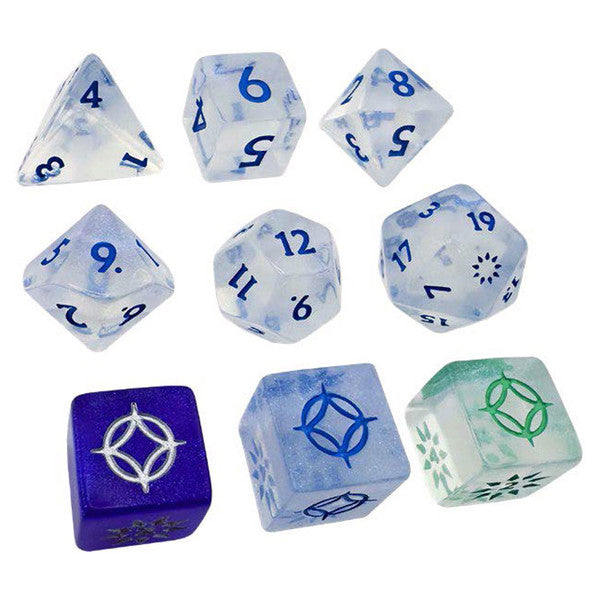 Cosmere RPG: Stormlight Dice - Set of ten polyhedral dice with blue and green ink numbers and symbols, featuring swirling white and colored marbled.