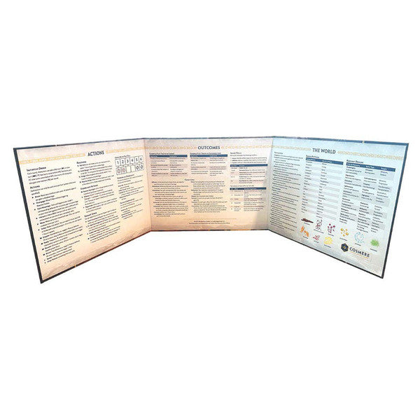 Cosmere RPG: Stormlight GM Screen - Tri-fold RPG GM screen with text and tables in black on a light background, featuring fantasy-themed headers and icons.