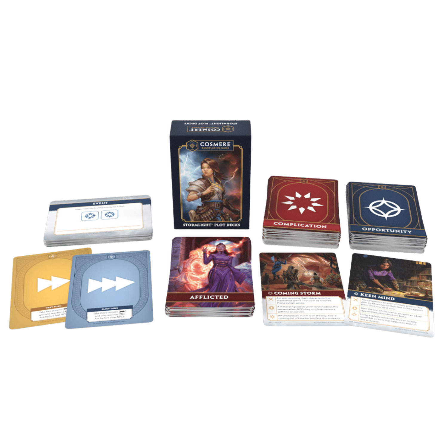 Cosmere RPG: Stormlight Plot Deck - Cosmere RPG Stormlight Plot Deck with colorful illustrated card stacks and a dark themed tuck box featuring fantasy.
