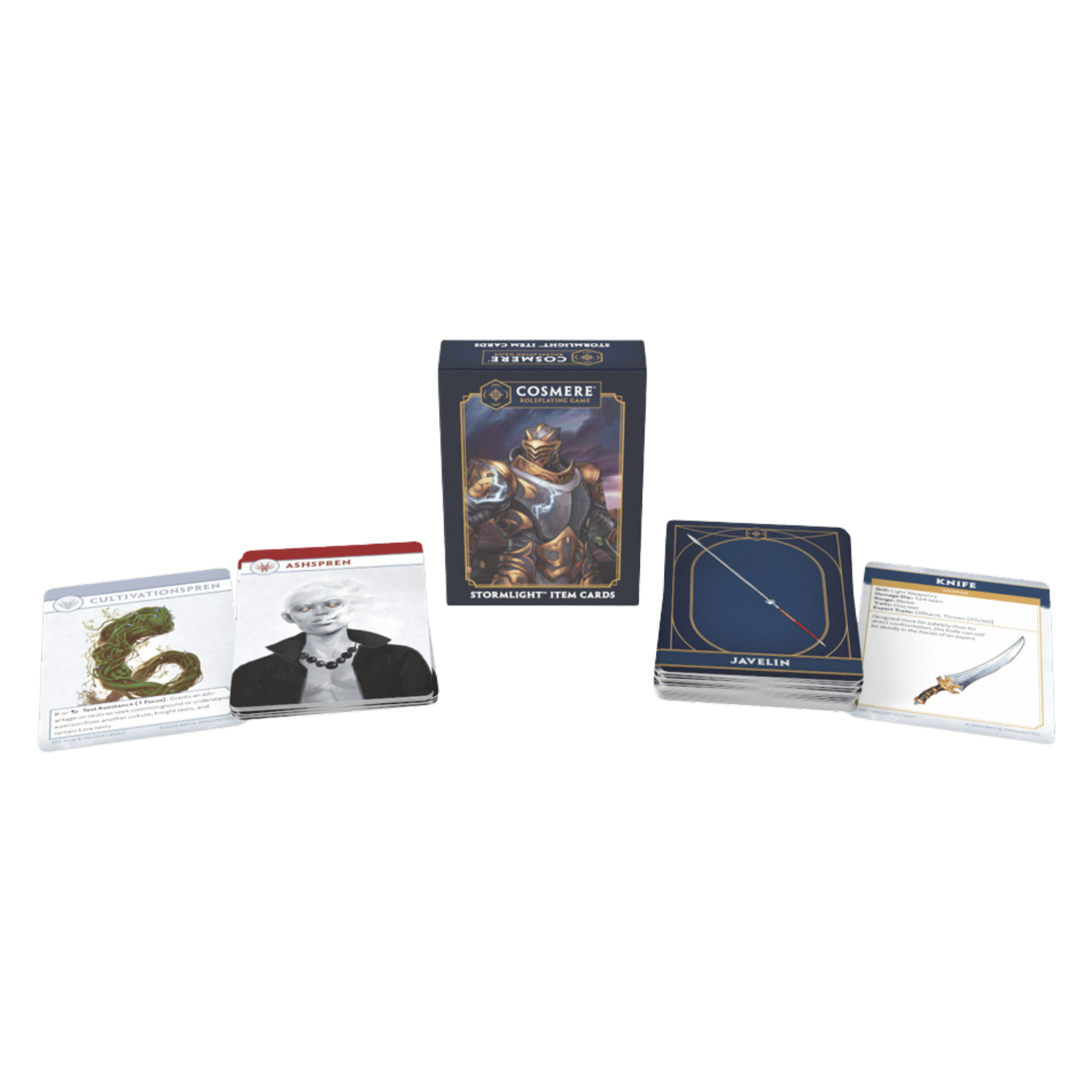 Cosmere RPG: Stormlight Item Deck - Cosmere RPG Stormlight item deck with navy blue box featuring armored character art, cards fanned out showing varied fantasy