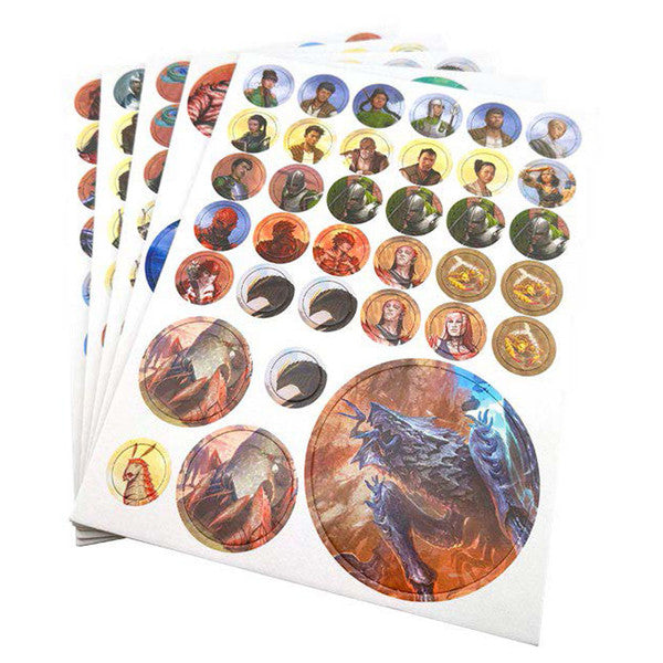 Cosmere RPG: Stormlight Tokens Pack - Sheets of round, colorful RPG tokens featuring fantasy characters and symbols from the Cosmere Stormlight Archives.