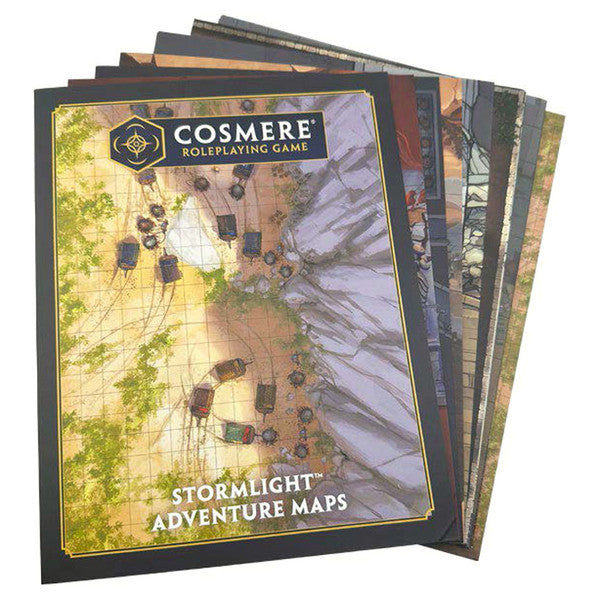 Cosmere RPG: Stormlight Map Pack - Stack of colorful roleplaying game maps featuring detailed fantasy landscapes and labeled regions on glossy paper.