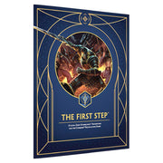 Cosmere RPG: The First Step - Dark blue hardcover book with gold geometric border and circle featuring armored warrior wielding a sword in fiery battle.