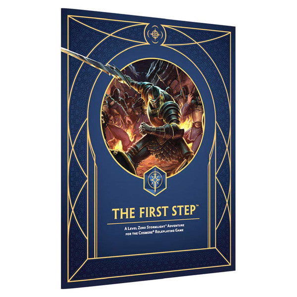 Cosmere RPG: The First Step - Dark blue hardcover book with gold geometric border and circle featuring armored warrior wielding a sword in fiery battle.
