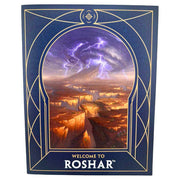 Cosmere RPG: Welcome to Roshar - Dark blue book cover with gold geometric border featuring a stormy landscape of canyons and lightning titled Welcome to.