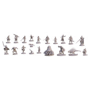Cosmere RPG: Miniatures - Set of 22 unpainted gray plastic miniatures featuring fantasy characters and creatures in various dynamic poses for tabletop