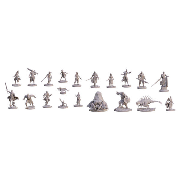 Cosmere RPG: Miniatures - Set of 22 unpainted gray plastic miniatures featuring fantasy characters and creatures in various dynamic poses for tabletop