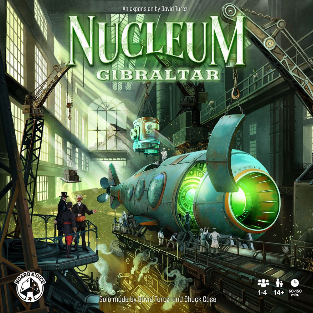 Nucleum: Gibraltar Expansion - Futuristic green and silver submarine docked in industrial warehouse with crew and observers around, illuminated by natural.