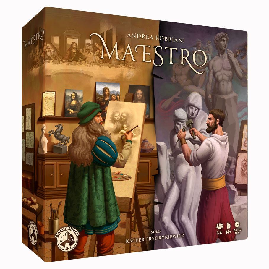 Maestro (PREORDER) - Board game box with Renaissance artists painting sculptures and portraits in a warm, detailed studio setting.