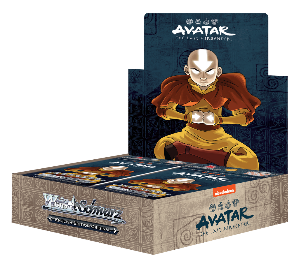 Avatar: The Last Airbender Booster Box - The Last Airbender booster box with Aang kneeling, glowing hands, blue and beige packaging design.