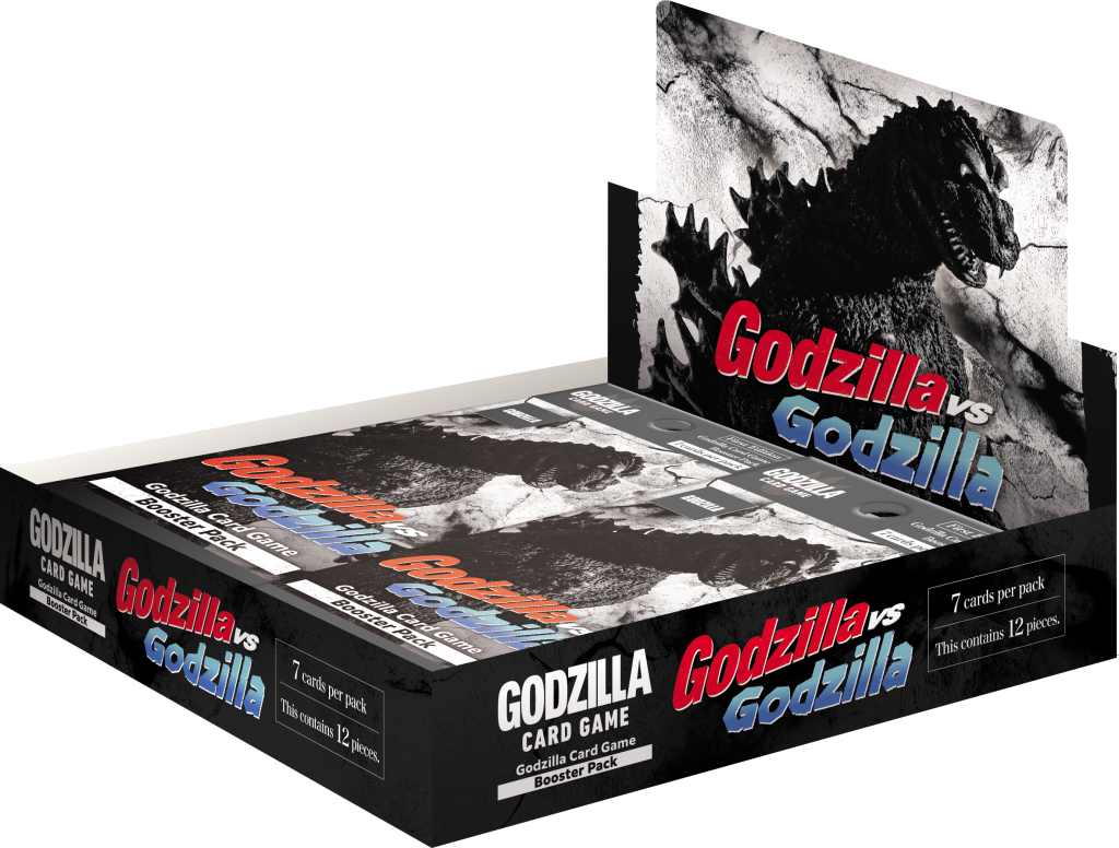 Godzilla Card Game: Godzilla vs. Godzilla: Booster Box - Black and gray Godzilla card game booster box with red and blue "Godzilla vs. Godzilla" text and monster silhouette artwork.