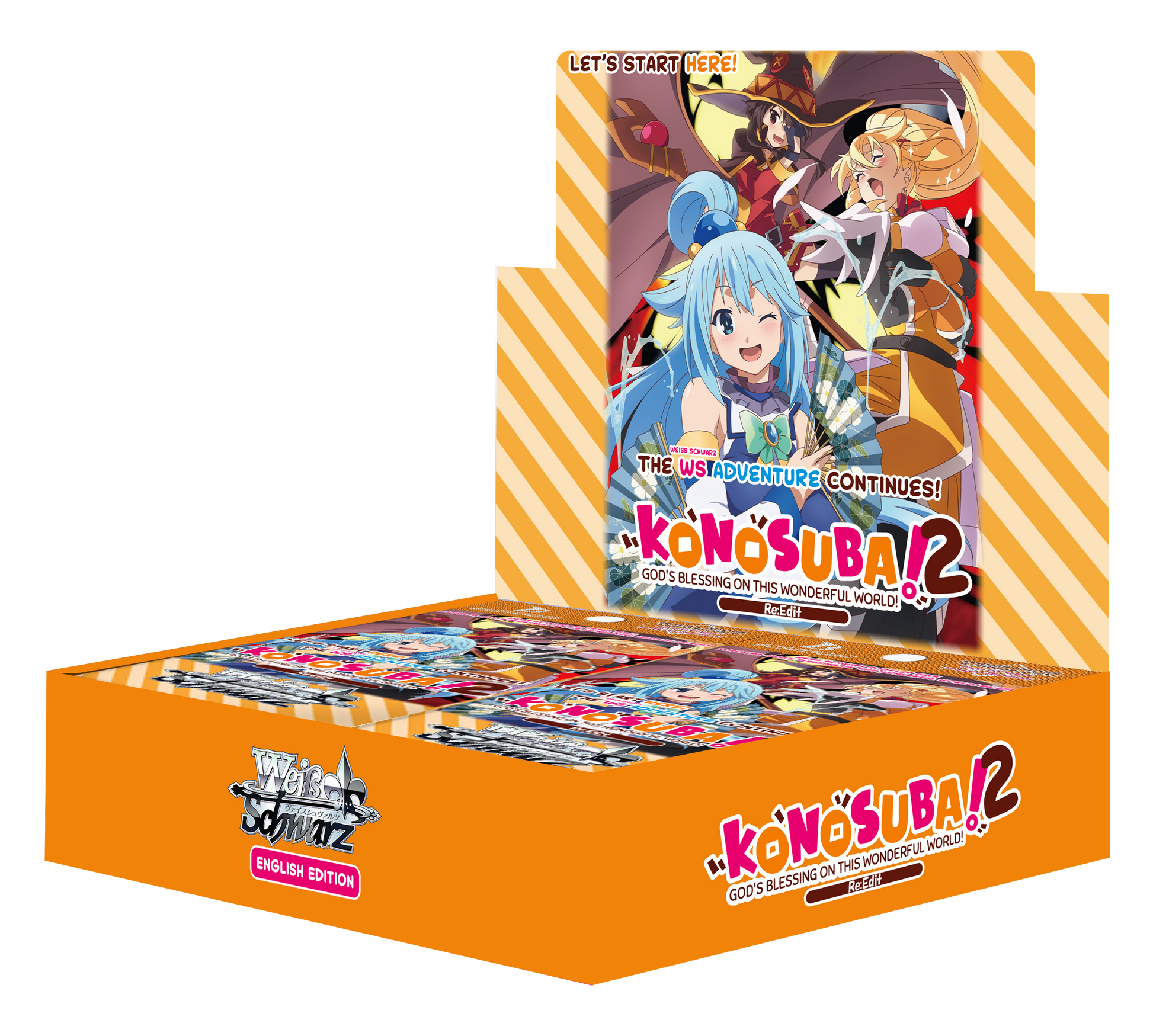 Weiss Schwarz: Konosuba God's Blessing on this Wonderful World Re: Edit Booster Display - Edit featuring colorful anime characters on the packaging and vibrant card packs inside.