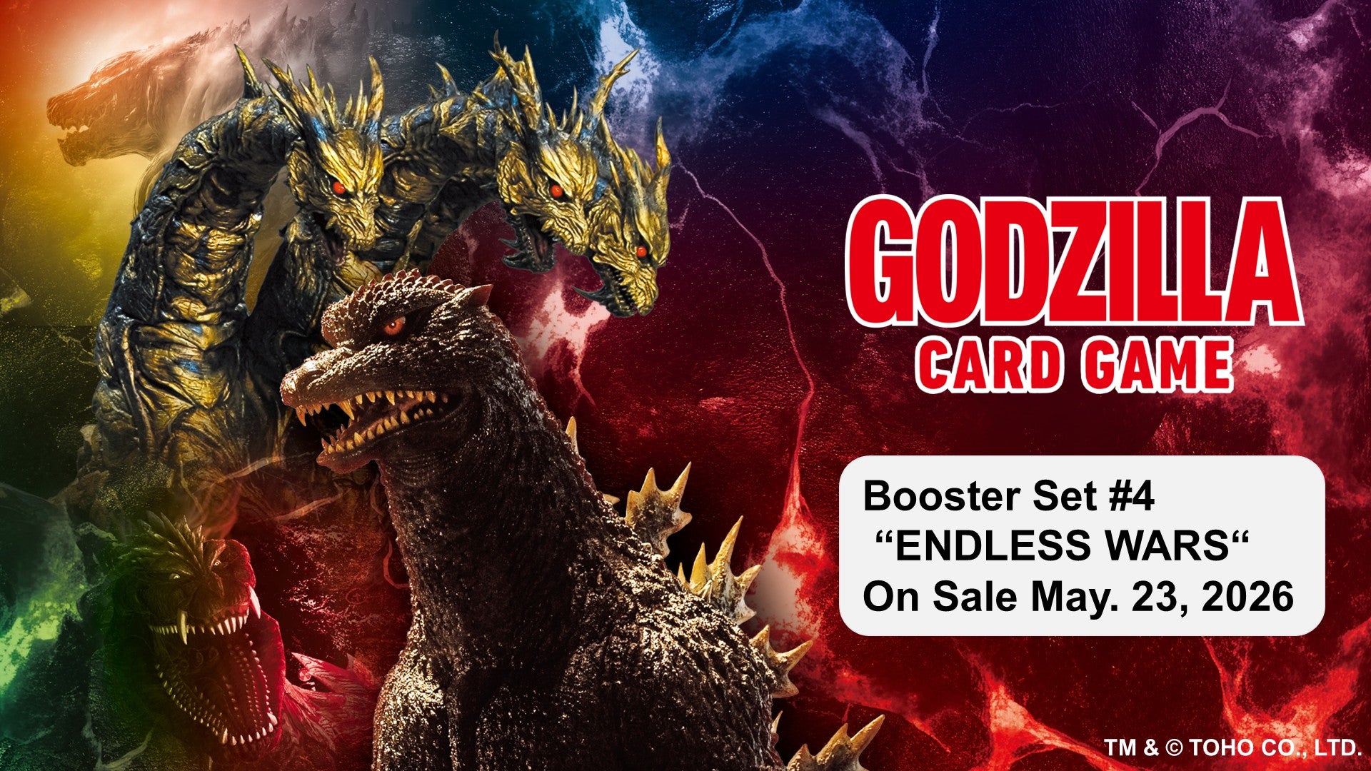 Godzilla Card Game: Endless Wars: Booster Box (PREORDER) - Godzilla Card Game booster box with fiery background, featuring Godzilla and King Ghidorah monsters and bold red title text.