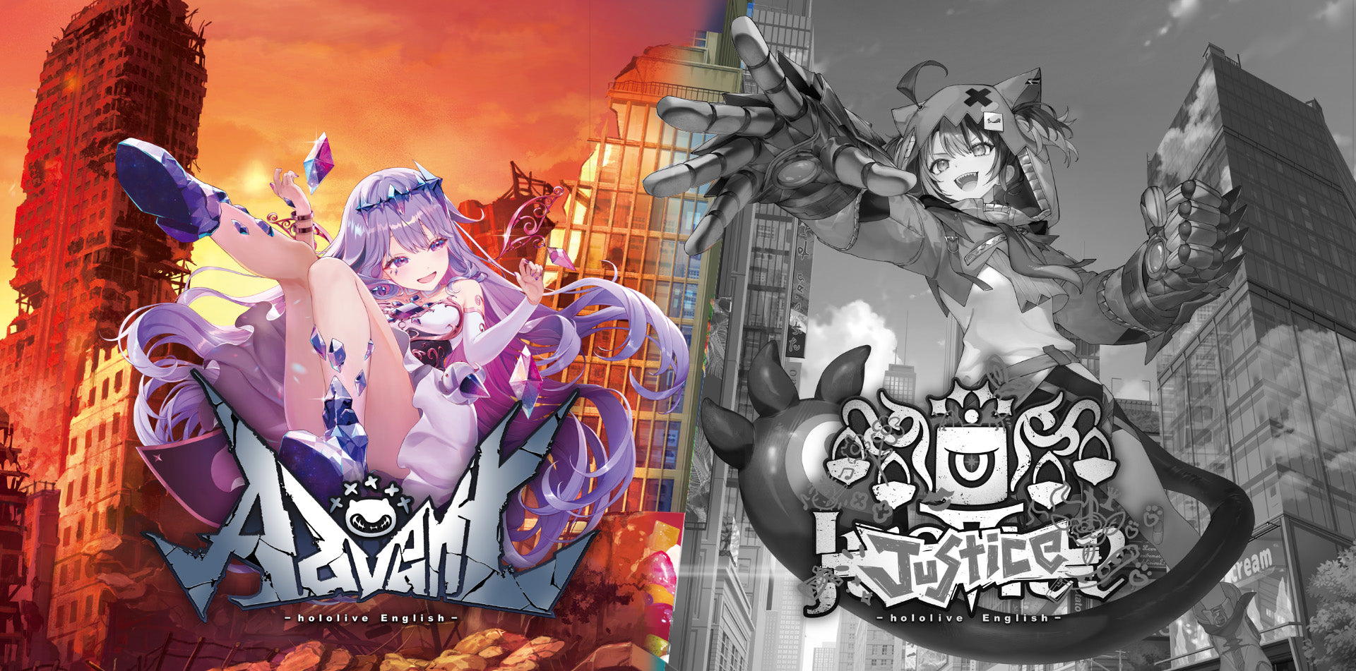 hololive OCG: Oshi Advent Starter Deck (PREORDER) - Two colorful and dynamic trading card decks side by side, each with distinct anime-inspired characters and vibrant urban.