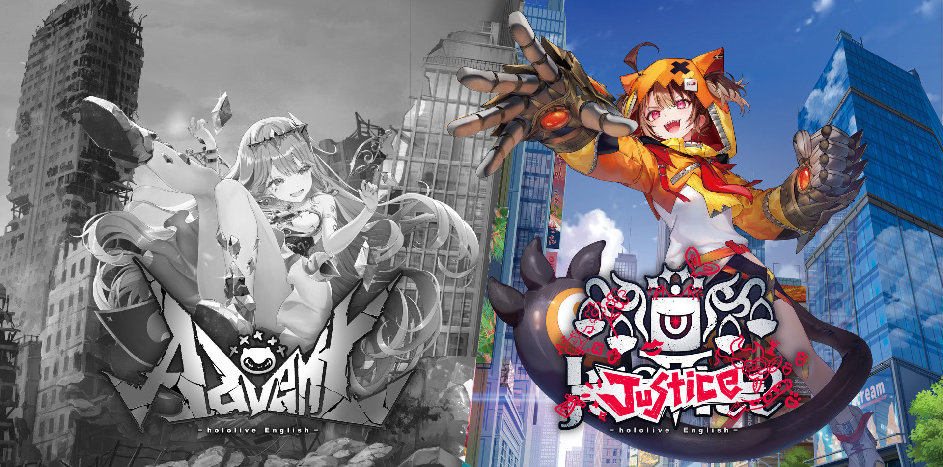 hololive OCG: Oshi Justice Starter Deck (PREORDER) - Colorful trading card game box featuring anime characters with vibrant cityscape background and bold Oshi Justice logo.