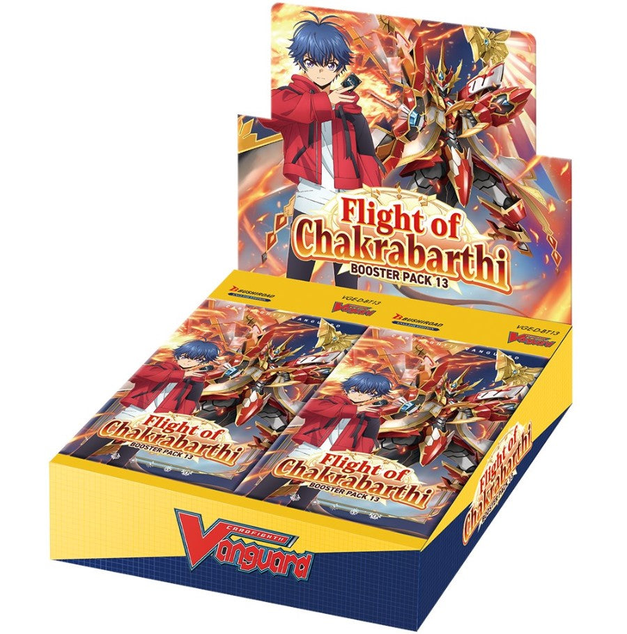 Cardfight Vanguard - Flight of Chakrabarthi Booster Box - BT13 - Yellow and blue Cardfight Vanguard Flight of Chakrabarthi booster box with colorful anime character and robot artwork on.