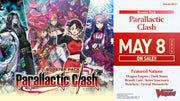 Cardfight Vanguard Divinez: Parallactic Clash Booster Display (PREORDER) - Cardfight Vanguard Divinez Parallactic Clash booster display box with colorful fantasy character artwork and May 8 release.