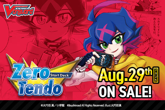 Cardfight Vanguard Divinez - Zero Tendo Start Deck - Red background with anime character holding cards, bold text "Zero Tendo Start Deck" and yellow "Aug. 29th ON SALE" banner.