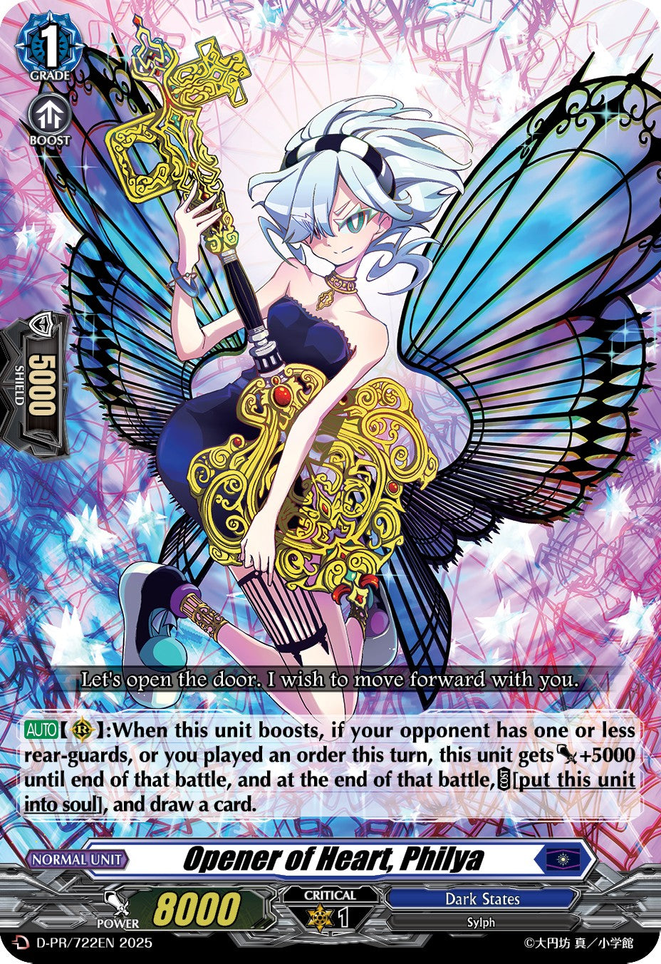 Cardfight!! Vanguard: Skyride Vol. 1 Manga w/ Promo Card - Colorful manga promo card featuring a white-haired female character with large blue butterfly wings and decorative golden.