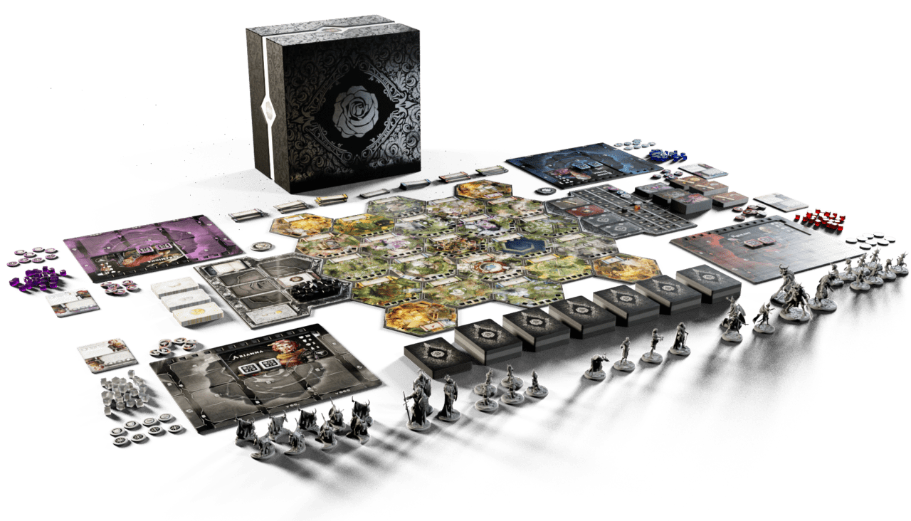 Black Rose Wars: Rebirth (PREORDER) - Rebirth board game with hexagonal map tiles, black and purple card decks, detailed miniatures, and a black-themed game box.