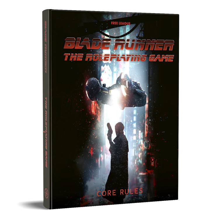 Blade Runner RPG Core Rulebook - Black softcover rulebook titled Blade Runner The Roleplaying Game with futuristic cityscape and silhouette of a person.