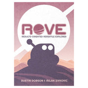 ROVE: Results-Oriented Versatile Explorer (PREORDER) - Board game box with a purple robot icon against a pink and white circular background over a stylized mountain landscape.