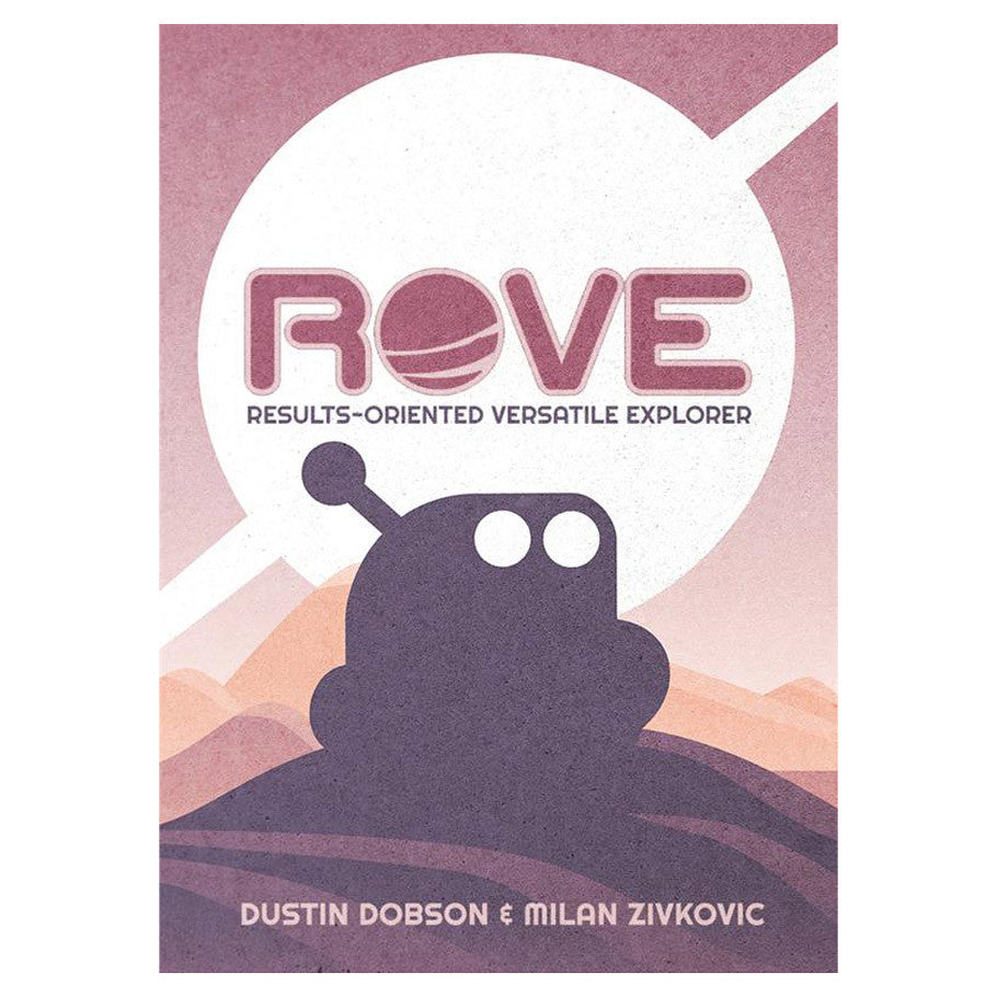 ROVE: Results-Oriented Versatile Explorer (PREORDER) - Board game box with a purple robot icon against a pink and white circular background over a stylized mountain landscape.
