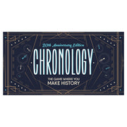 chronology - Dark blue rectangular board game box with gold geometric lines, white and light blue stylish text reading "Chronology 20th.