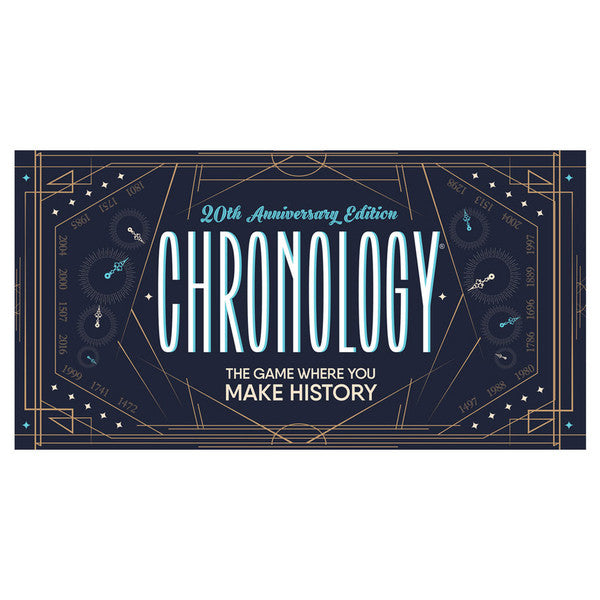 chronology - Dark blue rectangular board game box with gold geometric lines, white and light blue stylish text reading "Chronology 20th.