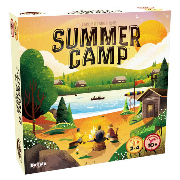 Summer Camp - Colorful board game box showing a lakeside summer camp scene with tents, trees, and a campfire under a yellow sky.