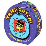 Tamagotchi: Happy Meter Card Game (PREORDER) - Purple, egg-shaped Tamagotchi Happy Meter card game tin with colorful cartoon character on front and bold yellow text.
