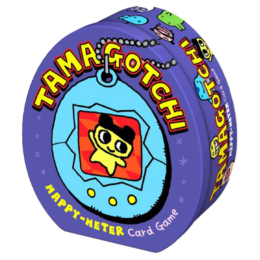 Tamagotchi: Happy Meter Card Game (PREORDER) - Purple, egg-shaped Tamagotchi Happy Meter card game tin with colorful cartoon character on front and bold yellow text.