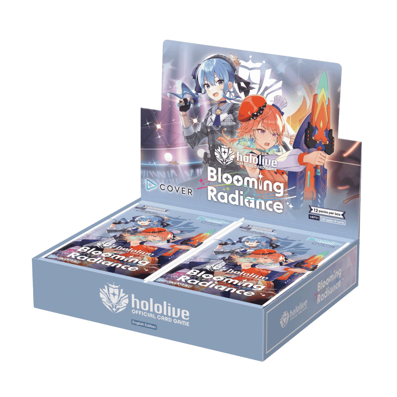 Hololive OCG: Blooming Radiance - Booster Display (BP01) (Reprint) - Blue and orange illustrated booster card packs in a light blue display box with two anime characters and "Blooming Radiance"