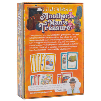 Another Man's Treasure - Orange card game box for Another Man's Treasure with colorful vintage-style card illustrations and detailed game information