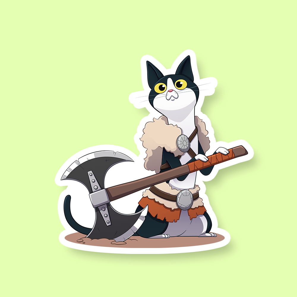 Barbarian Class D&D Cat Sticker - Black and white cat dressed as a barbarian warrior holding a large battle axe sticker with fur armor and metal belt buckle.
