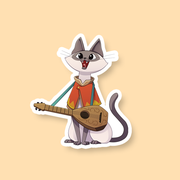 Bard Class D&D Cat Sticker - Sticker of a gray cat wearing a red bard cloak and playing a brown lute.