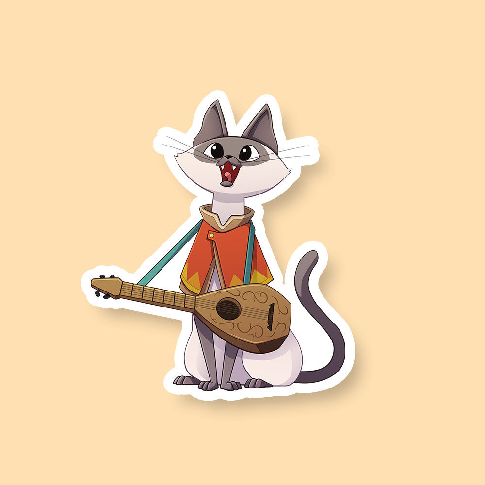 Bard Class D&D Cat Sticker - Sticker of a gray cat wearing a red bard cloak and playing a brown lute.