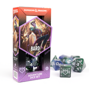 D&D Adventure Dice: Bard (Blue) - Blue polyhedral dice set with white numbers, Dungeons & Dragons Bard-themed packaging with purple accents.