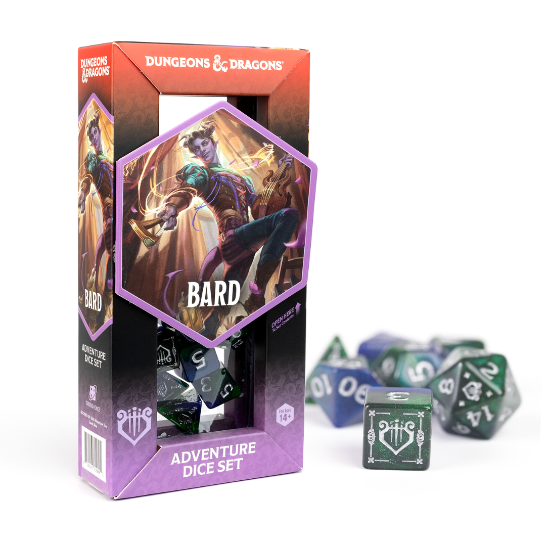 D&D Adventure Dice: Bard (Blue) - Blue polyhedral dice set with white numbers, Dungeons & Dragons Bard-themed packaging with purple accents.